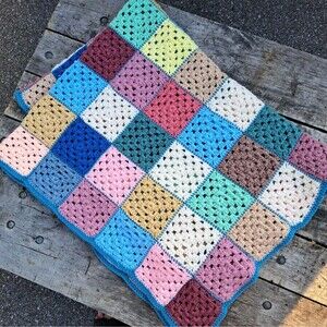 Antique Crocheted Wool Granny Square Afghan Throw Blanket Multicolor 39"x 53"